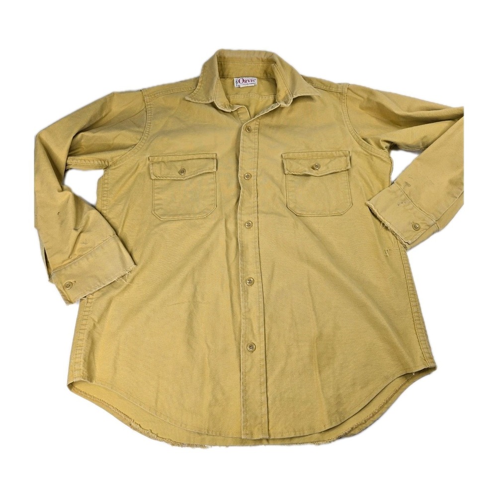 Vintage Orvis XL Button Down Shirt Mens Cotton Canvas Workwear Outdoor‎ Tan Fish